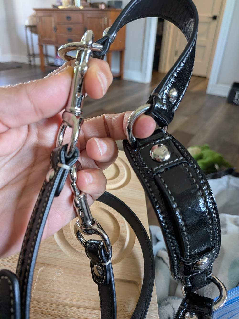 Coach Replacement Blck Patent Leather Strap wSilver Dog Leash & Center Extndr - Picture 9 of 9